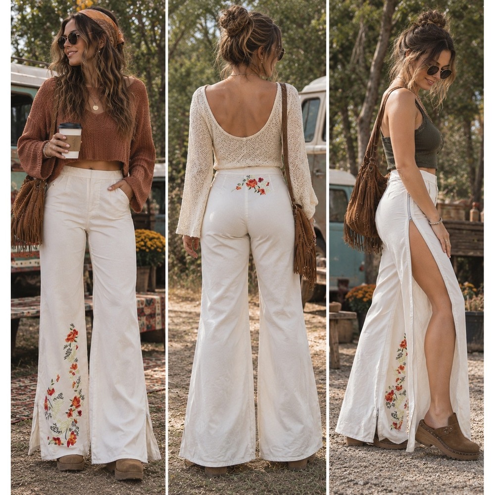 Cache White Floral Embroidered Flare Leg Pants 8 Boho Wide Leg Slit Zip Hem READ - Picture 2 of 16